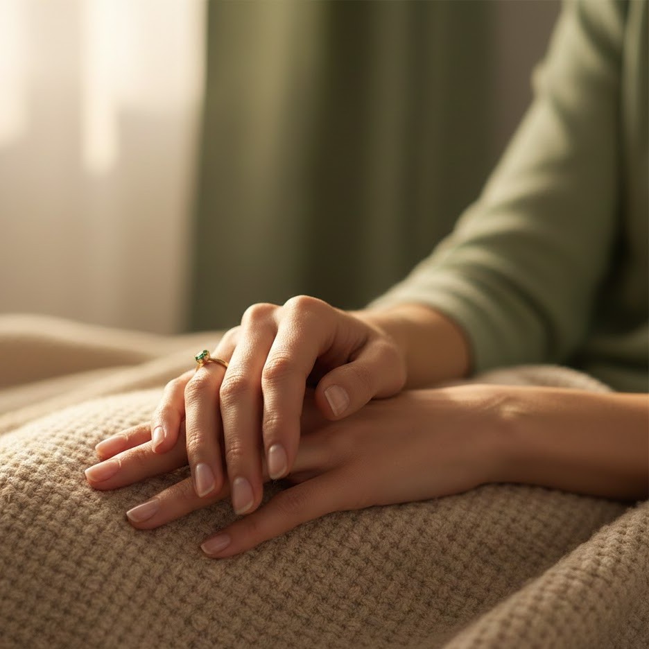 Close up of elegant female hands resting calmly on a textured beige blanket